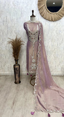 Tissue Unstitched Suit Set With Tissue Dupatta Featuring Mirror Work