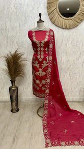 Satin Unstitched Suit Set With Organza Dupatta