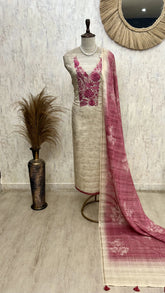 Tussar Silk Unstitched Suit Set With Tussar Silk Dupatta