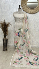 Peacock Print Jamdani Linen Unstitched Suit Set