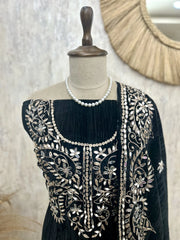 Crush Velvet Unstitched Suit Set Featuring Mirror Work On Bottom, Neckline & Dupatta