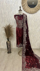 Crush Velvet Unstitched Suit Set Featuring Mirror Work On Bottom, Neckline & Dupatta
