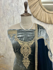 Velvet Unstitched Suit Set Featuring Crush velvet Dupatta