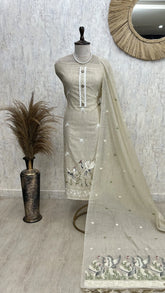 Flamingo Jamdani Linen Unstitched Suit Set