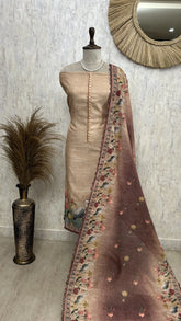 Kantha Work Flamingo Print Jamdani Linen Unstitched Suit Set