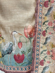 Kantha Work Flamingo Print Jamdani Linen Unstitched Suit Set