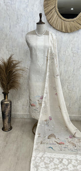 Crane Themed Digital Print Jamdani Linen Unstitched Suit Set