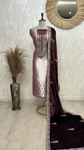 Brocade Banarasi Unstitched Suit Set With Velvet Dupatta