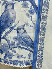 Bird Print Jamdani Linen Unstitched Suit Set