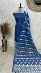Indigo Jamdani Woven Linen Unstitched Suit Set