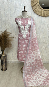 Thread Embroidered Neckline Jamdani Linen Unstitched Suit Set
