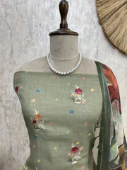 Elegant Thread Embroidered Jamdani Linen Unstitched Suit Set