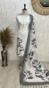Linen Unstitched Suit Set With Embroidered Neckline & Printed Hem