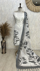 Linen Unstitched Suit Set With Embroidered Neckline & Printed Hem