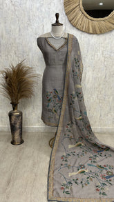 Parrot Motif Kantha Jamdani Linen Unstitched Suit Set