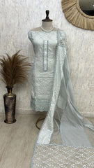 Cotton Base With Organza Panel Unstitched Suit Set