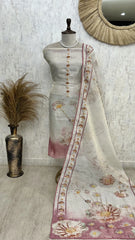Jamdani Linen Unstitched Suit Set With Kantha on Flowers Pattern