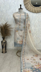 Jamdani Linen Unstitched Suit Set With Kantha on Flowers Pattern