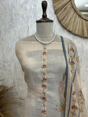Jamdani Linen Unstitched Suit Set With Kantha on Flowers Pattern