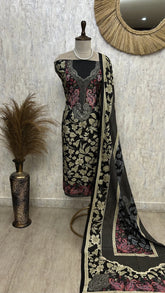 Muslin Unstitched Suit Set With Leaf Motifs Print