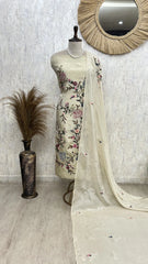 Glass Tissue Unstitched suit with Thread Embroidery