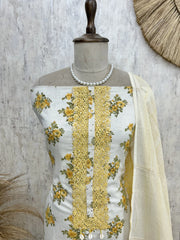 Linen Unstitched Suit Set With Lace Work