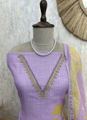 Linen Unstitched Suit Set With Kantha