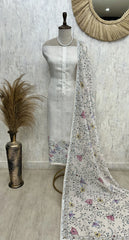 Jamdani Linen Unstitched Suit Set With Hand Work