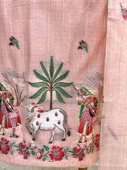 Jamdani Linen Unstitched Suit Set With Cow Motif