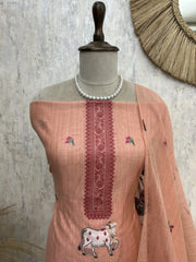 Jamdani Linen Unstitched Suit Set With Cow Motif