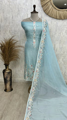 Tissue Linen Unstitched Suit Set With Thread Embroidery