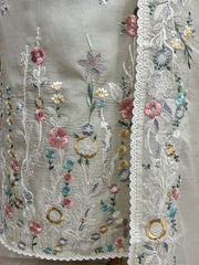 Tissue Linen Unstitched Suit Set With Thread Work