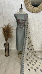 Jamdani Linen Unstitched Suit Set French Knot Work On Neckline