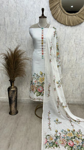 Jamdani Linen Unstitched Suit Set With Floral Print