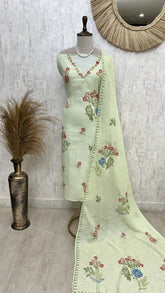 Linen Unstitched Suit Set With Kantha Work & Bird Motif