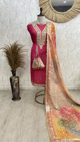 Crush Tissue unstitched suit with ombre floral dupatta & potli