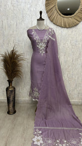 Linen Unstitched Suit Set With Applique Work