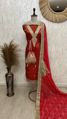 Tissue Unstitched Suit Set With Embroidered Neckline