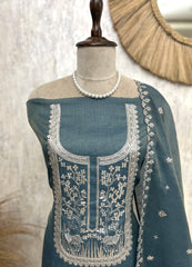 Tissue Linen Unstitched Suit Set With Pitta Work