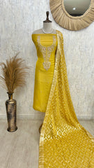Zardozi Neckline Banarasi Dupatta Tissue Unstitched Suit Set