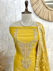 Zardozi Neckline Banarasi Dupatta Tissue Unstitched Suit Set