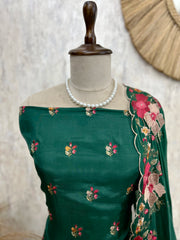 Thread Embroidered Opada Silk Unstitched Suit Set (Dark)