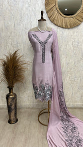 Mul Chanderi Unstitched Suit Set With Scalping Work