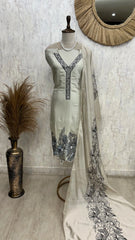 Mul Chanderi Unstitched Suit Set With Scalping Work