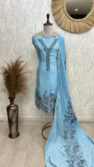 Mul Chanderi Unstitched Suit Set With Scalping Work