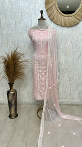 Mannequin wearing a light pink embroidered outfit with a sheer dupatta in a room setting.