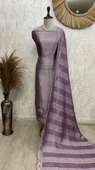 Mannequin wearing a gray dress with a purple and white striped dupatta against a neutral background.
