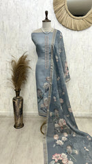 Tissue Linen Unstitched Suit Set With Kantha Work