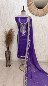 Mul Chanderi Unstitched Suit Set With Zari Work