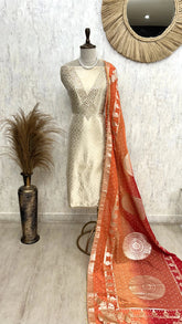 Jacquard Silk Unstitched Suit Set With Organza Dupatta